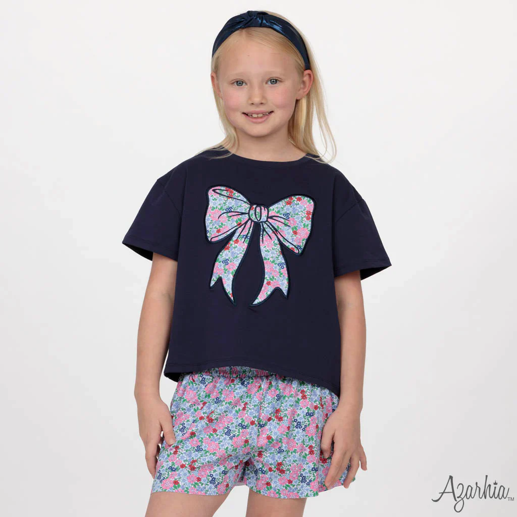 Azarhia London Floral Bow Navy Boxy SS Shirt - Image 2