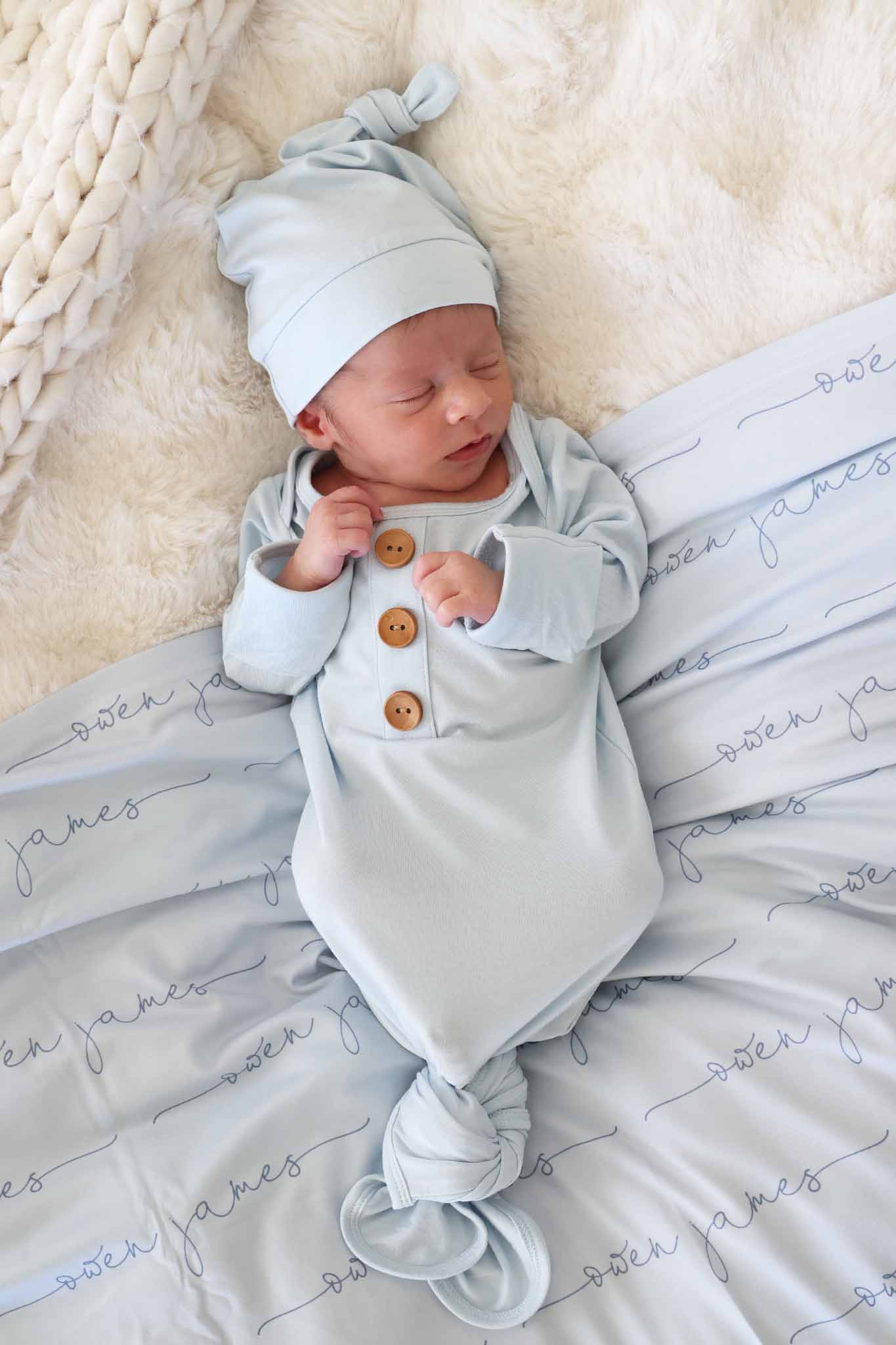 Baby Blue Newborn Baby Knot Gown & Hat Set - Image 3