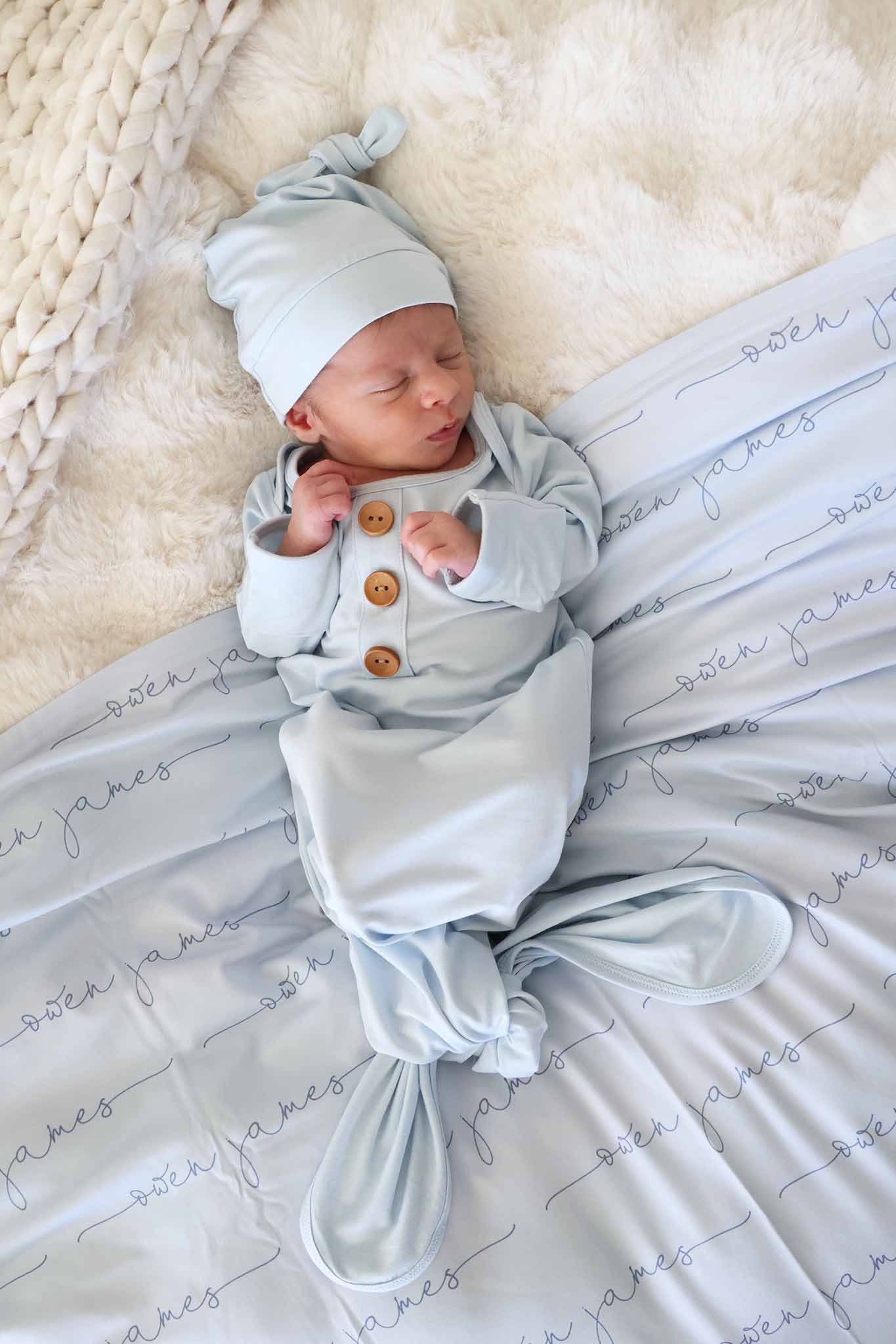 Baby Blue Newborn Baby Knot Gown & Hat Set - Image 5