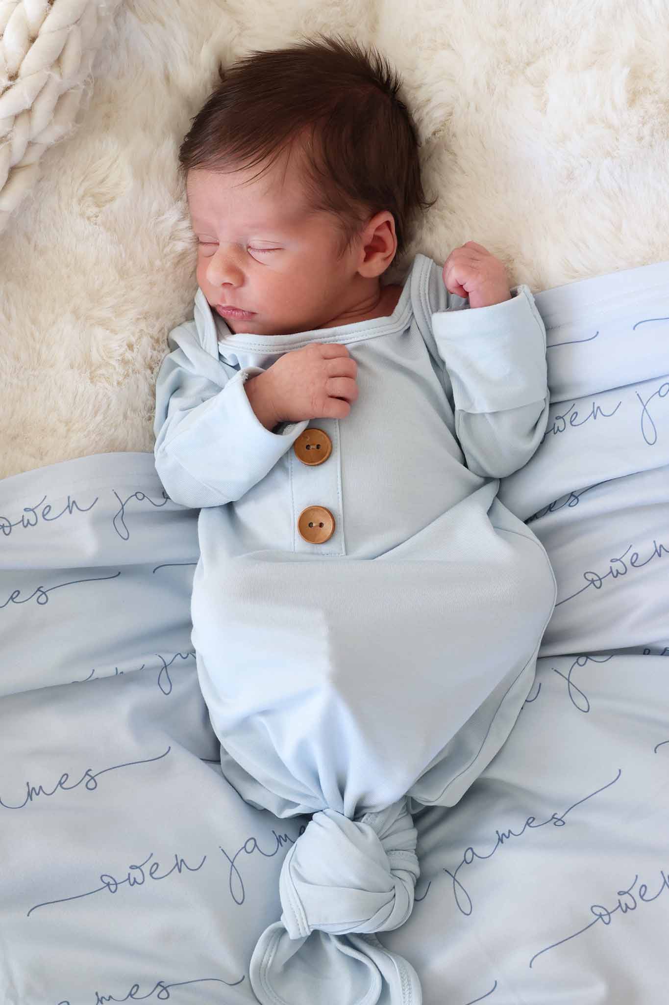 Baby Blue Newborn Baby Knot Gown & Hat Set - Image 6