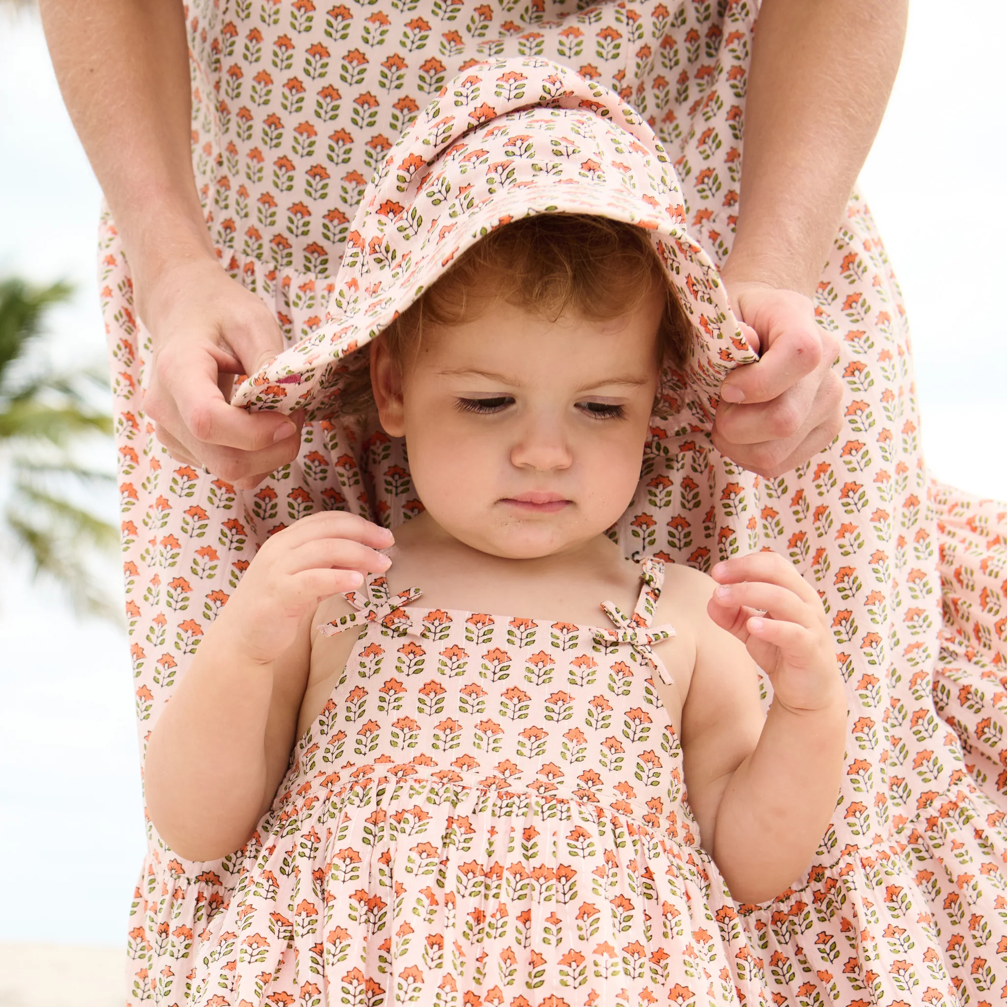 Pink Chicken - Baby Girls Sun Hat - Pink Prairie Block Print - Image 2
