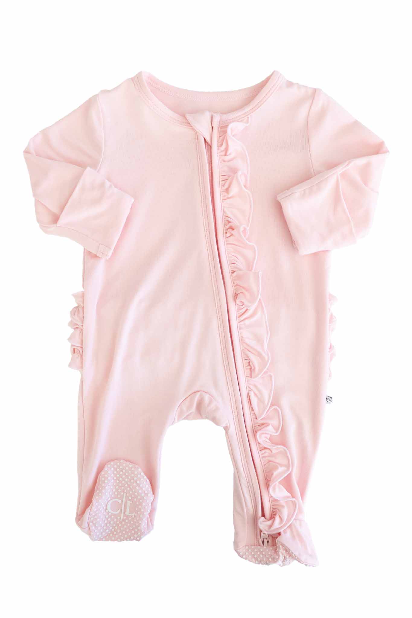 Baby Pink Bamboo Ruffle Zipper Footie: 0-3 months - Image 12