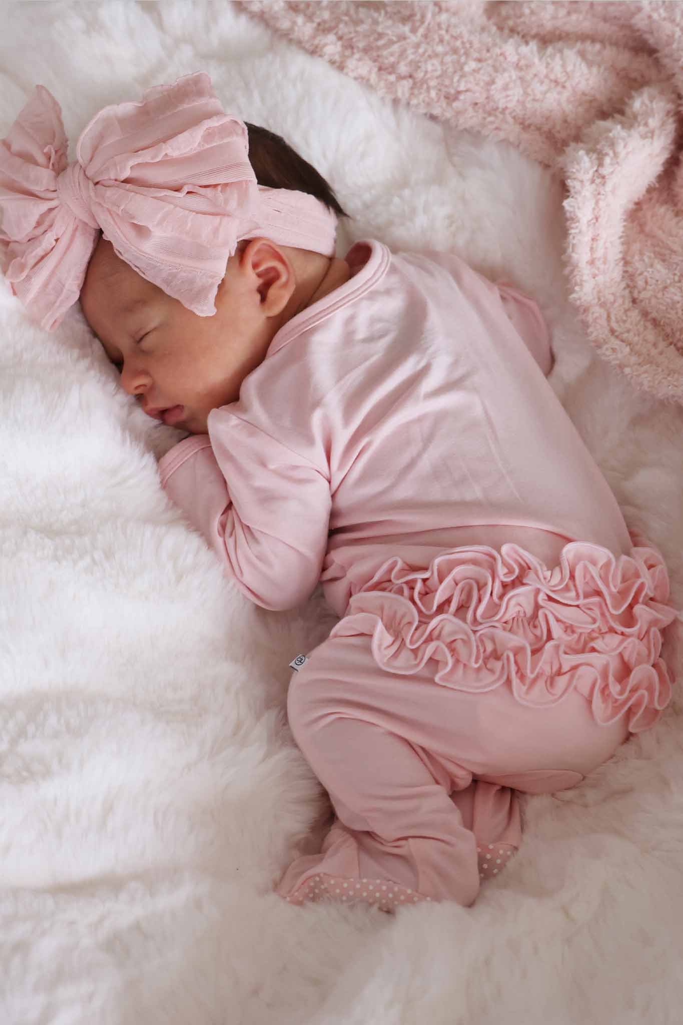 Baby Pink Bamboo Ruffle Zipper Footie: 0-3 months - Image 15