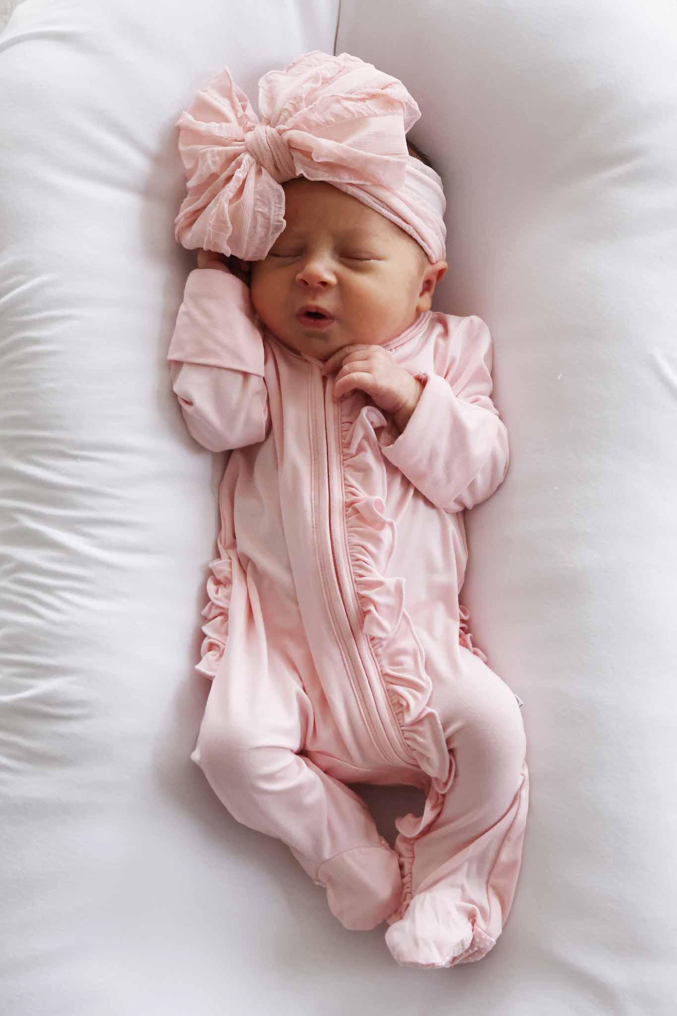 Baby Pink Bamboo Ruffle Zipper Footie: 0-3 months - Image 3
