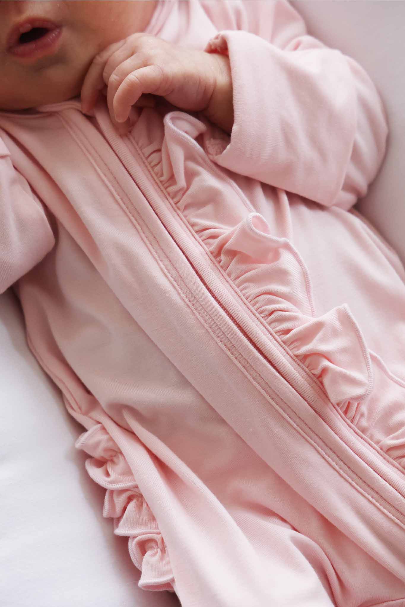 Baby Pink Bamboo Ruffle Zipper Footie: 0-3 months - Image 6