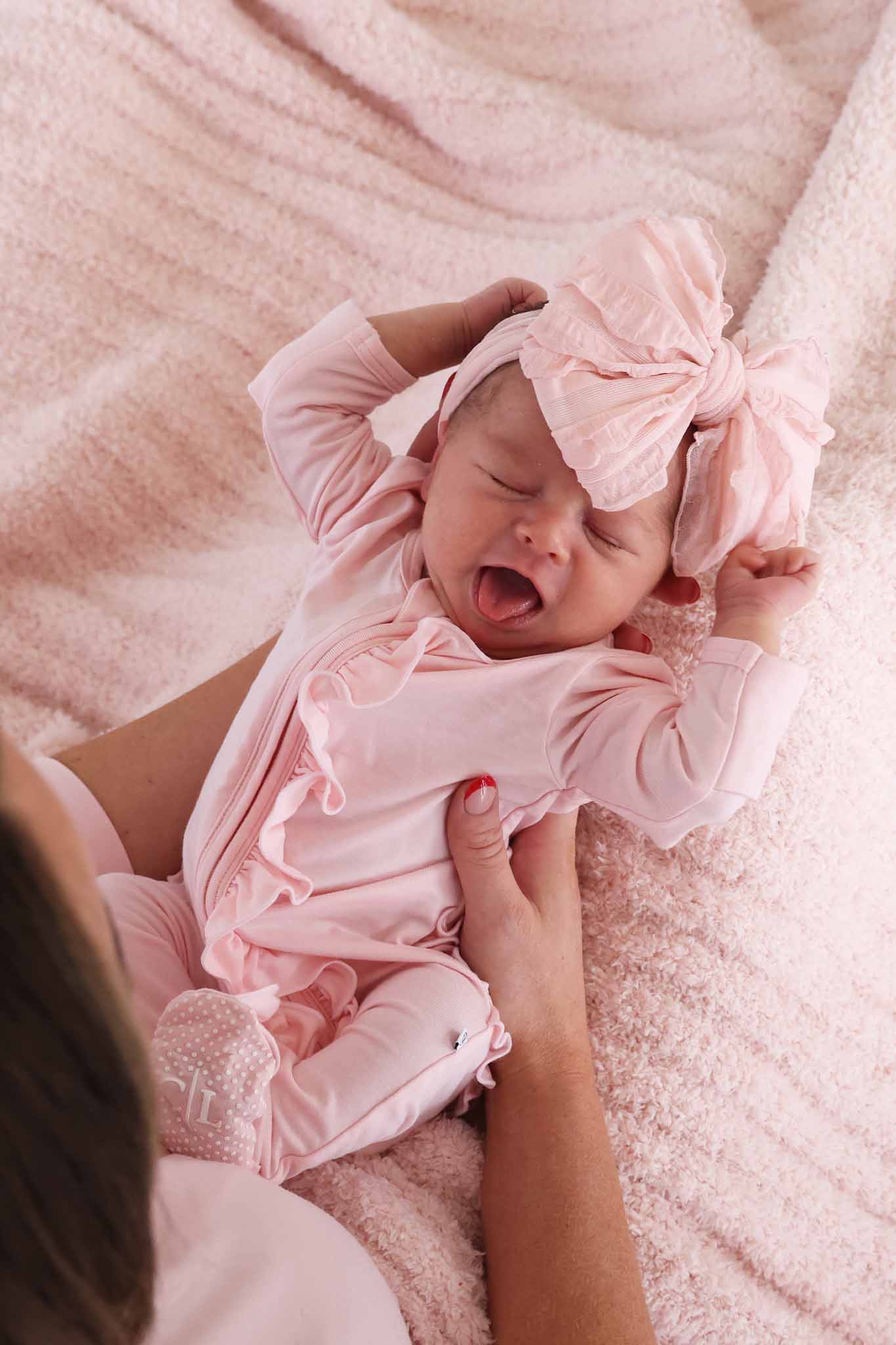 Baby Pink Bamboo Ruffle Zipper Footie: 0-3 months - Image 8