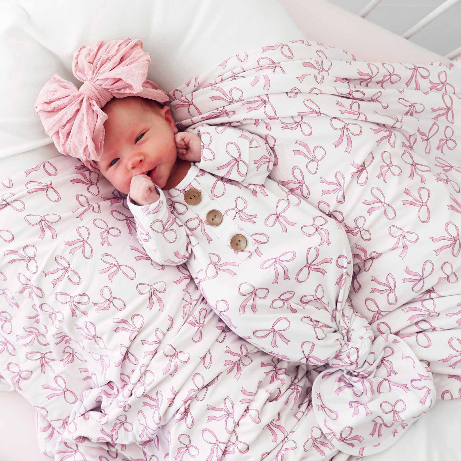Blushing Bows Newborn Baby Knot Gown & Hat Set - Image 3