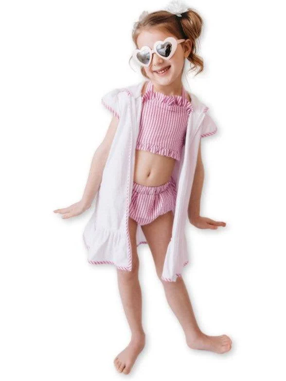 Classic Terry Hooded Cover-Up with Pink Seersucker Trim - Image 2