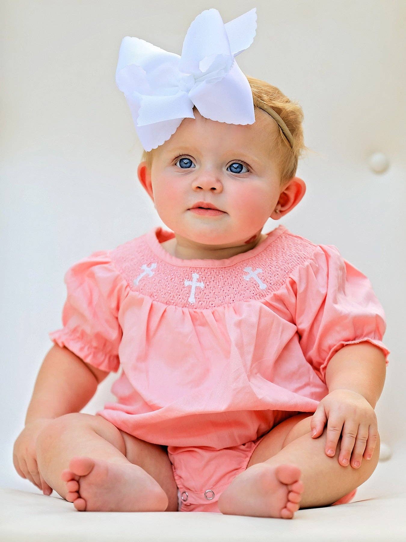 Rylee Faith CORAL Smocked Church Christ Bishop Christening Girls Romper - Image 3