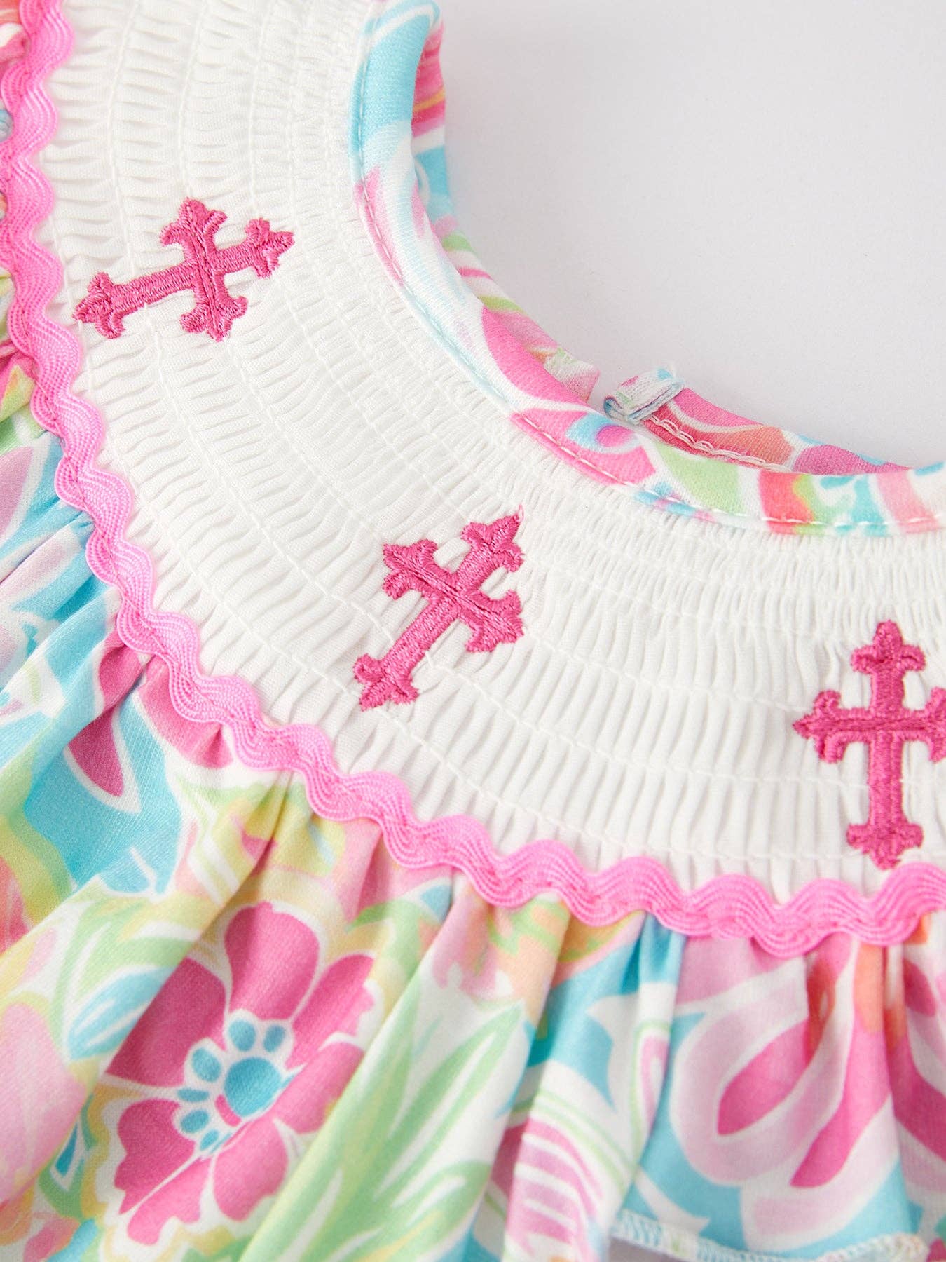 Rylee Faith Easter Cross Smocking Embroidery Baby Girl Romper - Image 3