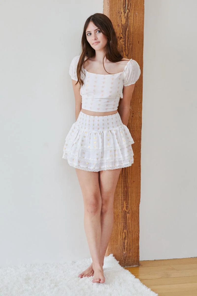 Gemma White With White Lace Heart Lurex Smocked Ruffle Mini Skirt Tween - Image 2