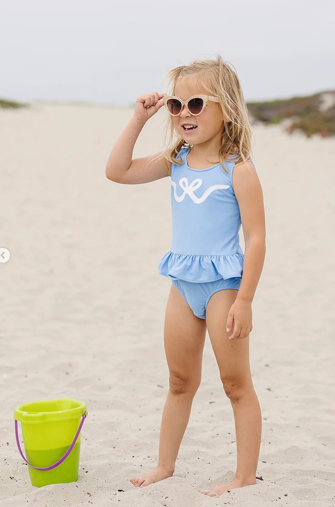 Girls Blue Ruffle Swimsuit with White Bow Appliqué by Funtasia Too! - Image 3