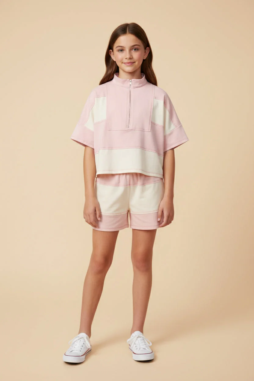 Girls Color block Stripe Half Zip Knit SET (Top and Shorts) - Image 4