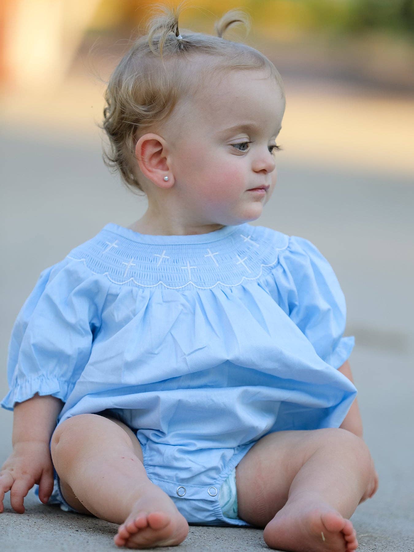 Rylee Faith Girls Cross Smocking Embroidered Blue Romper - Image 4