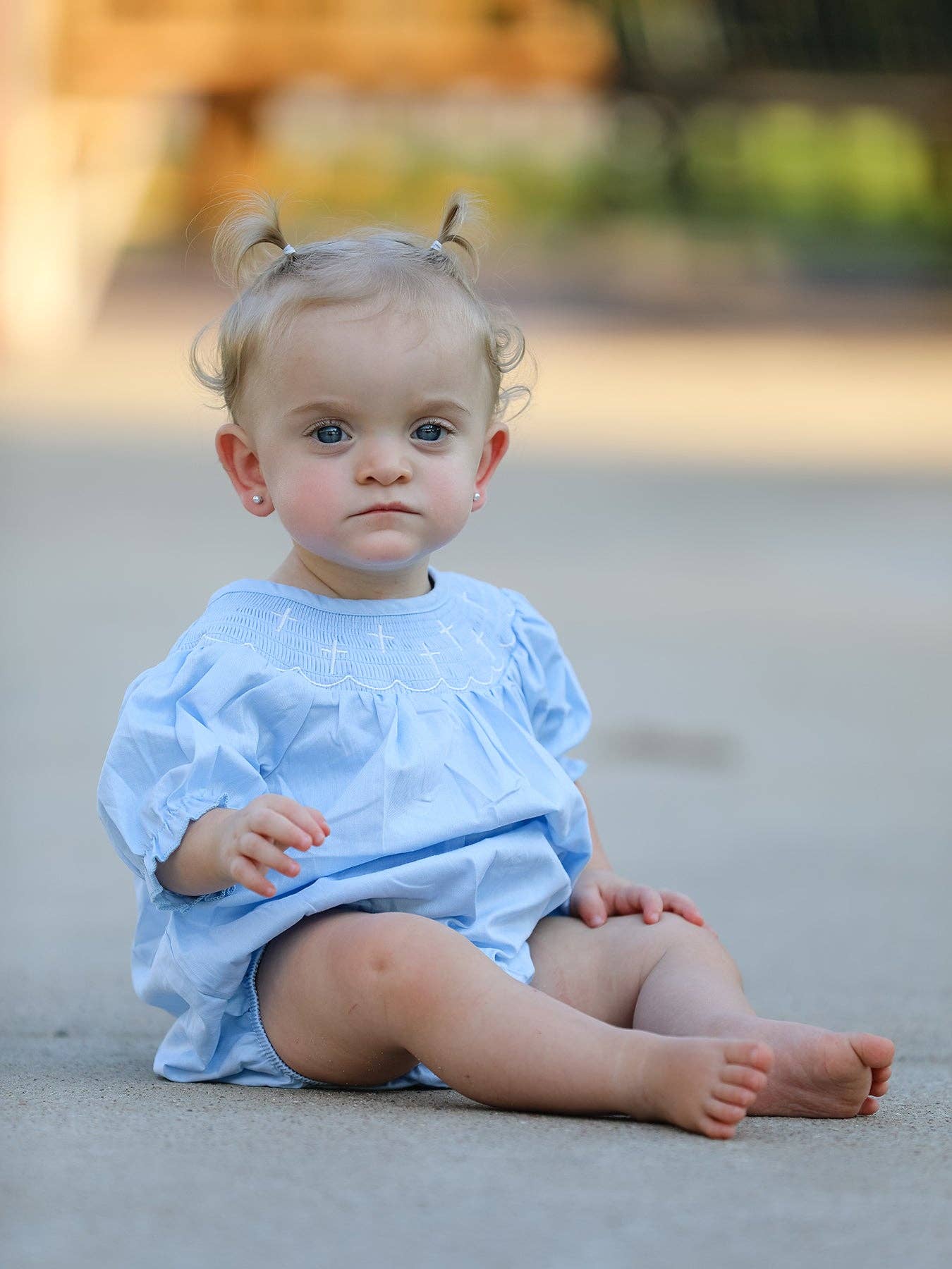 Rylee Faith Girls Cross Smocking Embroidered Blue Romper - Image 5