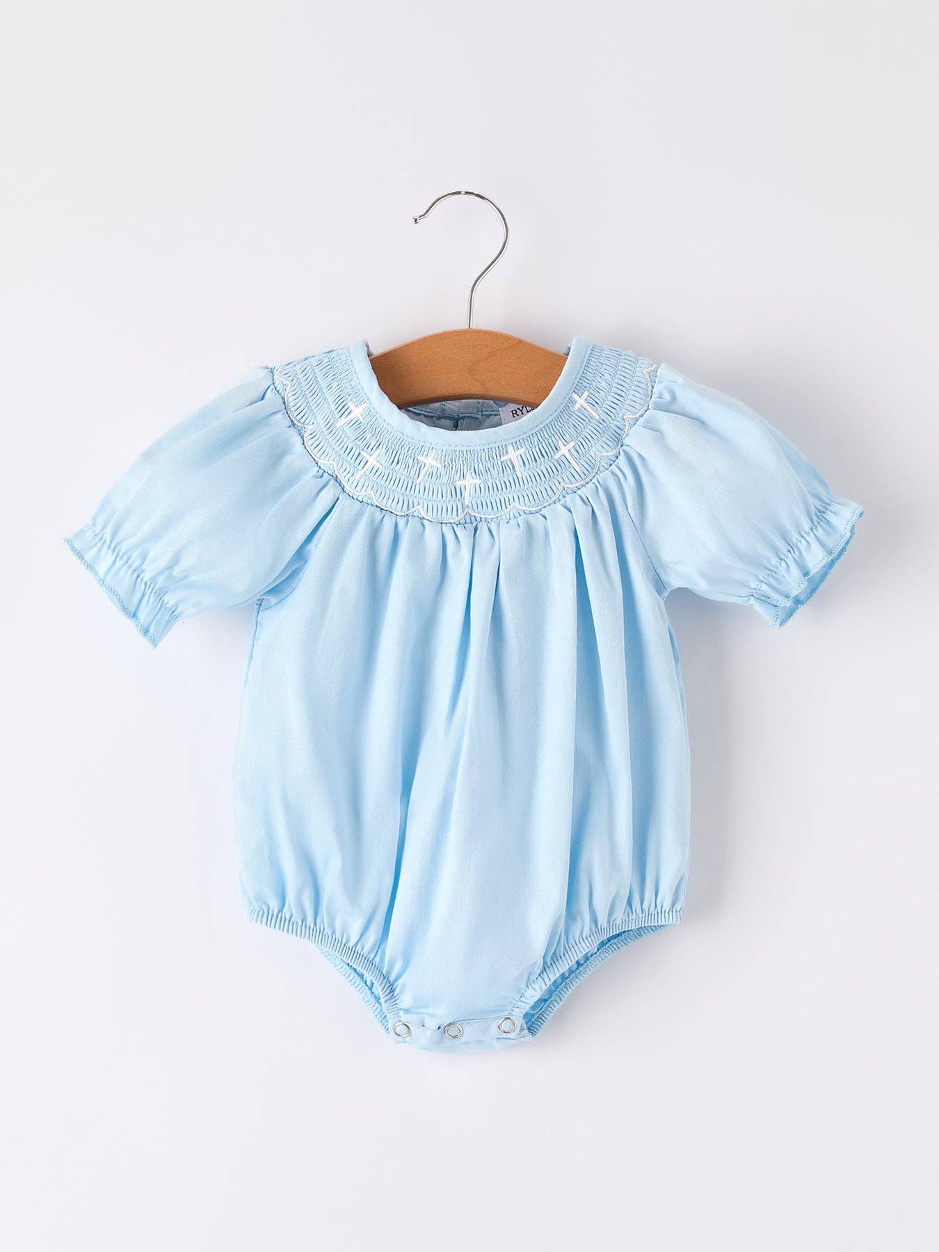 Rylee Faith Girls Cross Smocking Embroidered Blue Romper - Image 7
