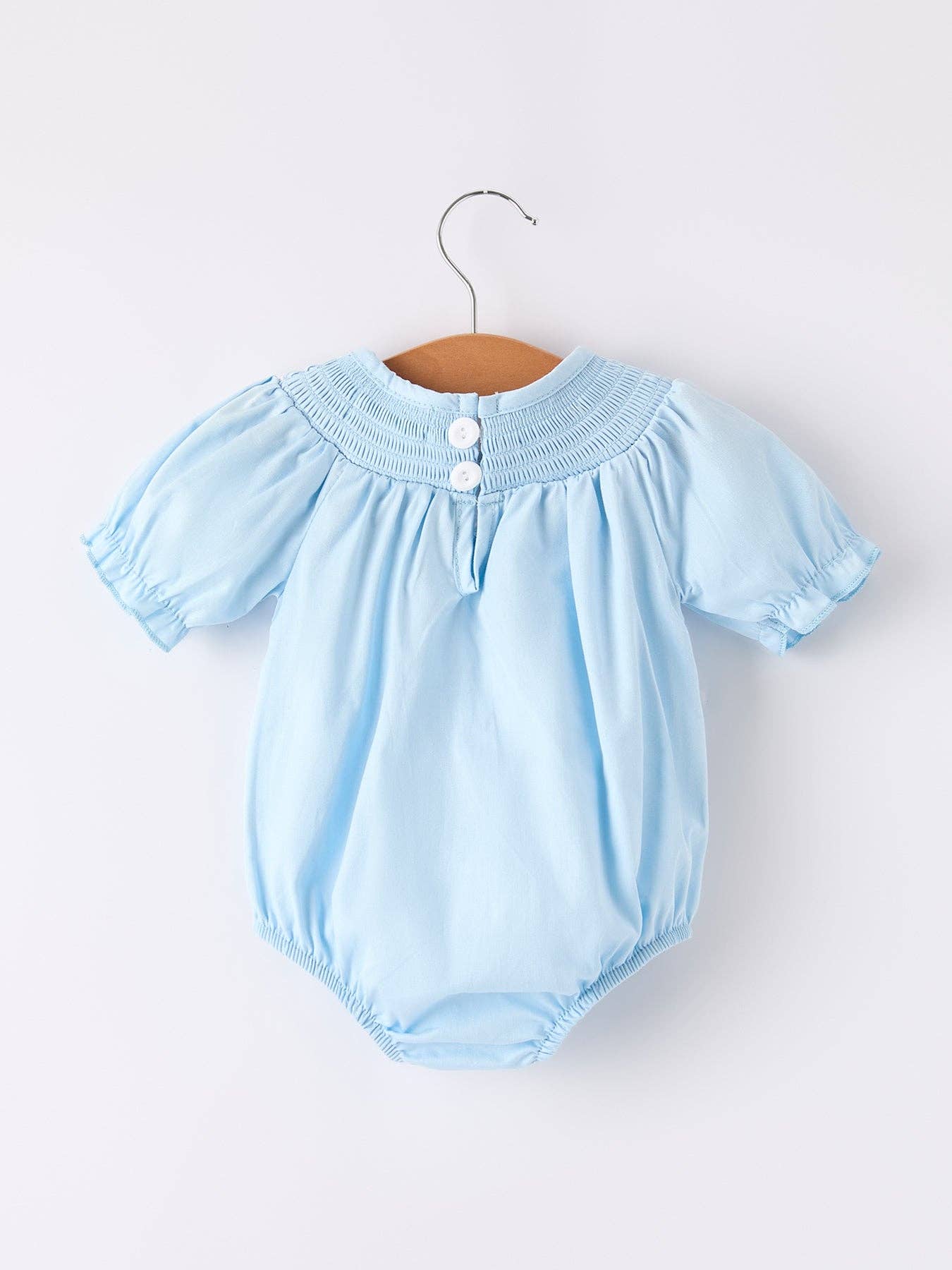 Rylee Faith Girls Cross Smocking Embroidered Blue Romper - Image 8