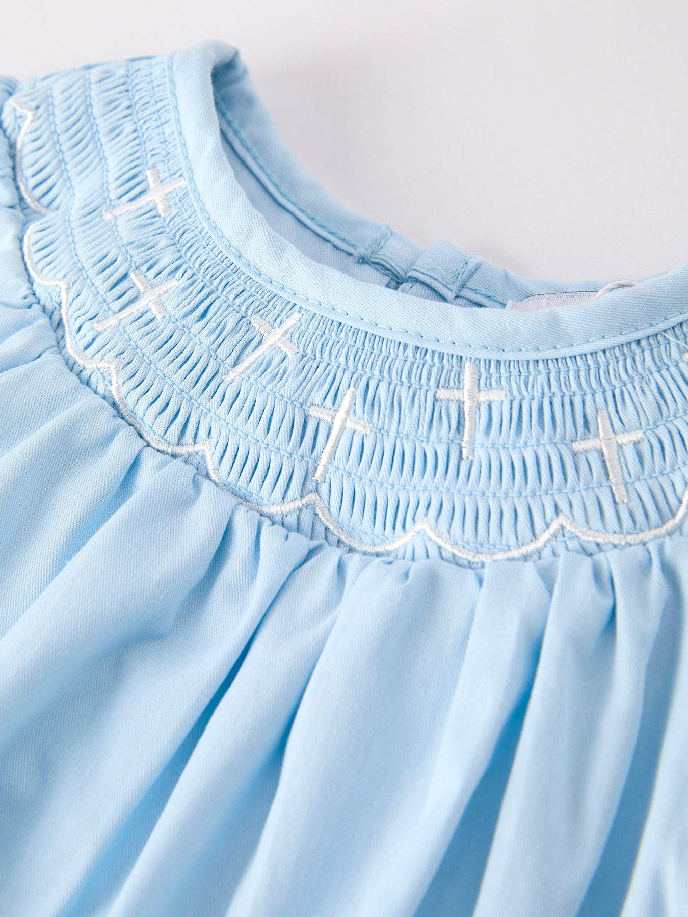 Rylee Faith Girls Cross Smocking Embroidered Blue Romper - Image 9