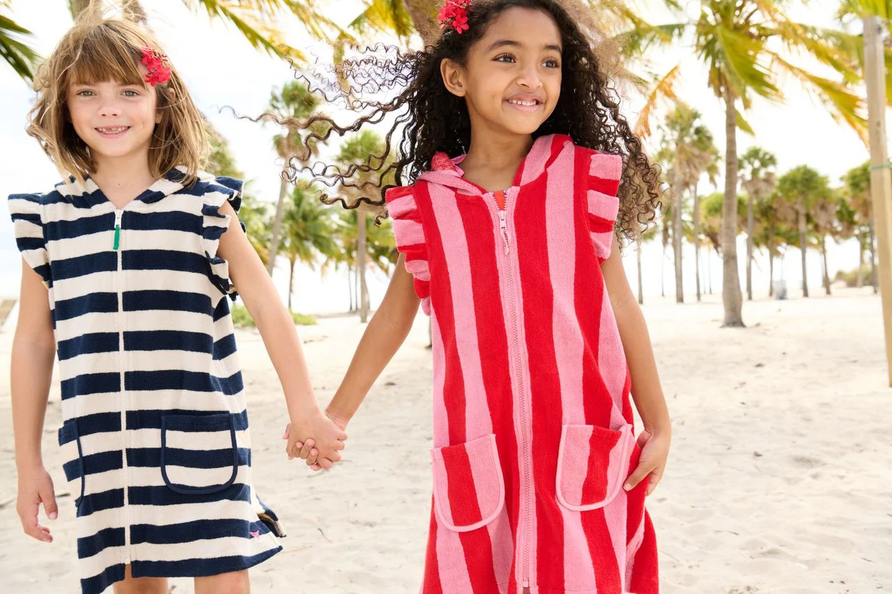 Pink Chicken girl's terry coverup - wide blue stripe - Image 3