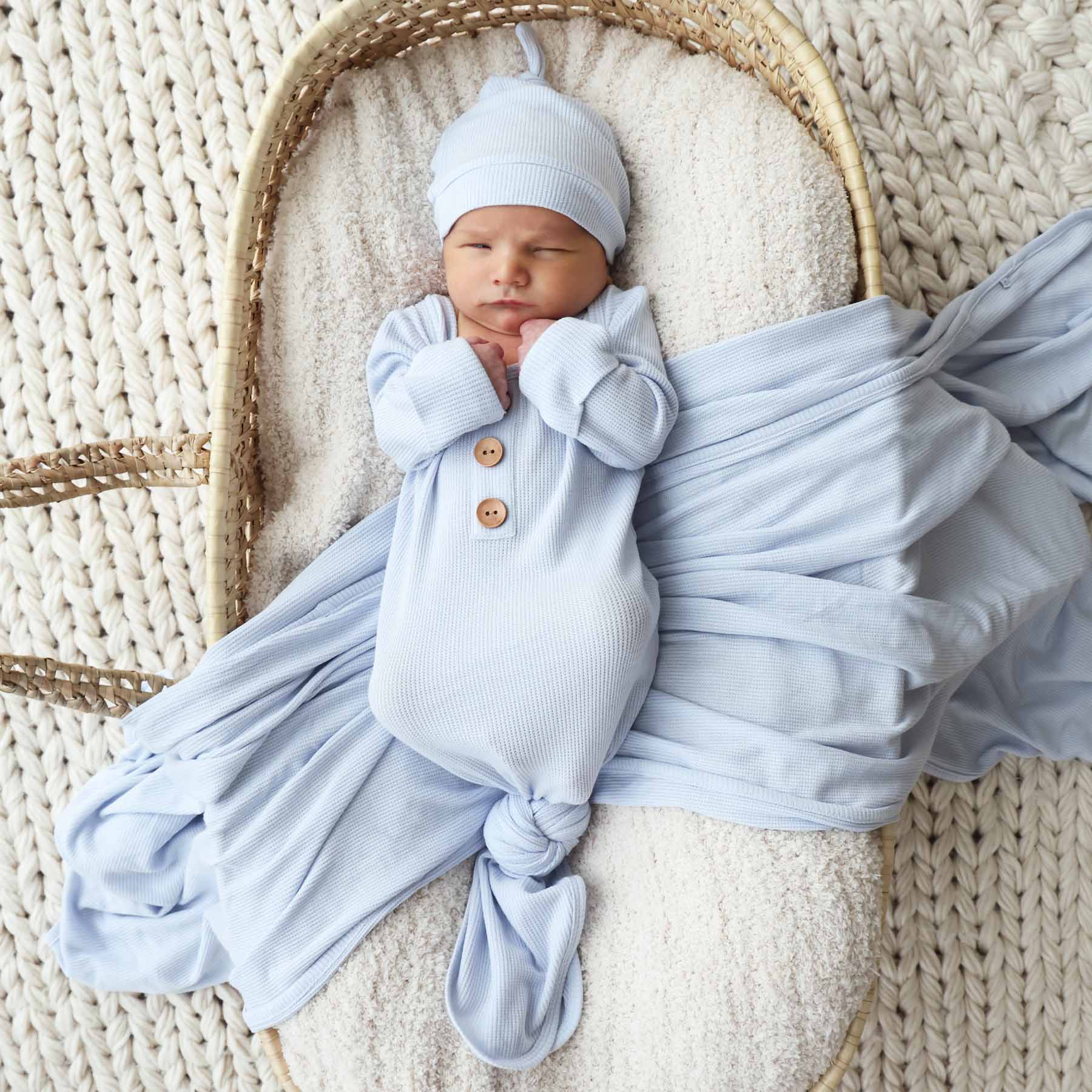Ice Blue Bamboo Waffle Newborn Baby Knot Gown & Hat Set - Image 3