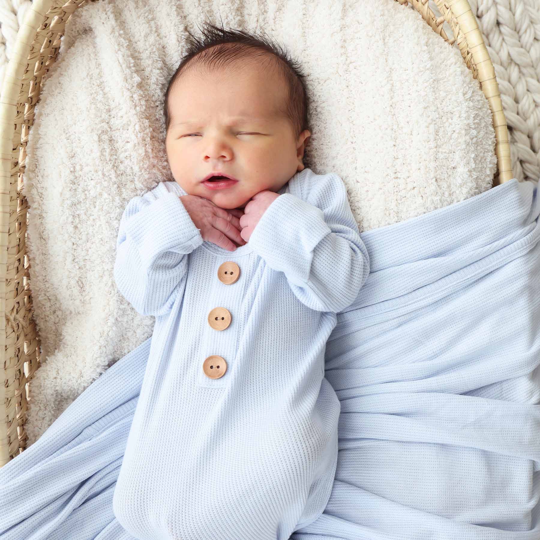 Ice Blue Bamboo Waffle Newborn Baby Knot Gown & Hat Set - Image 4