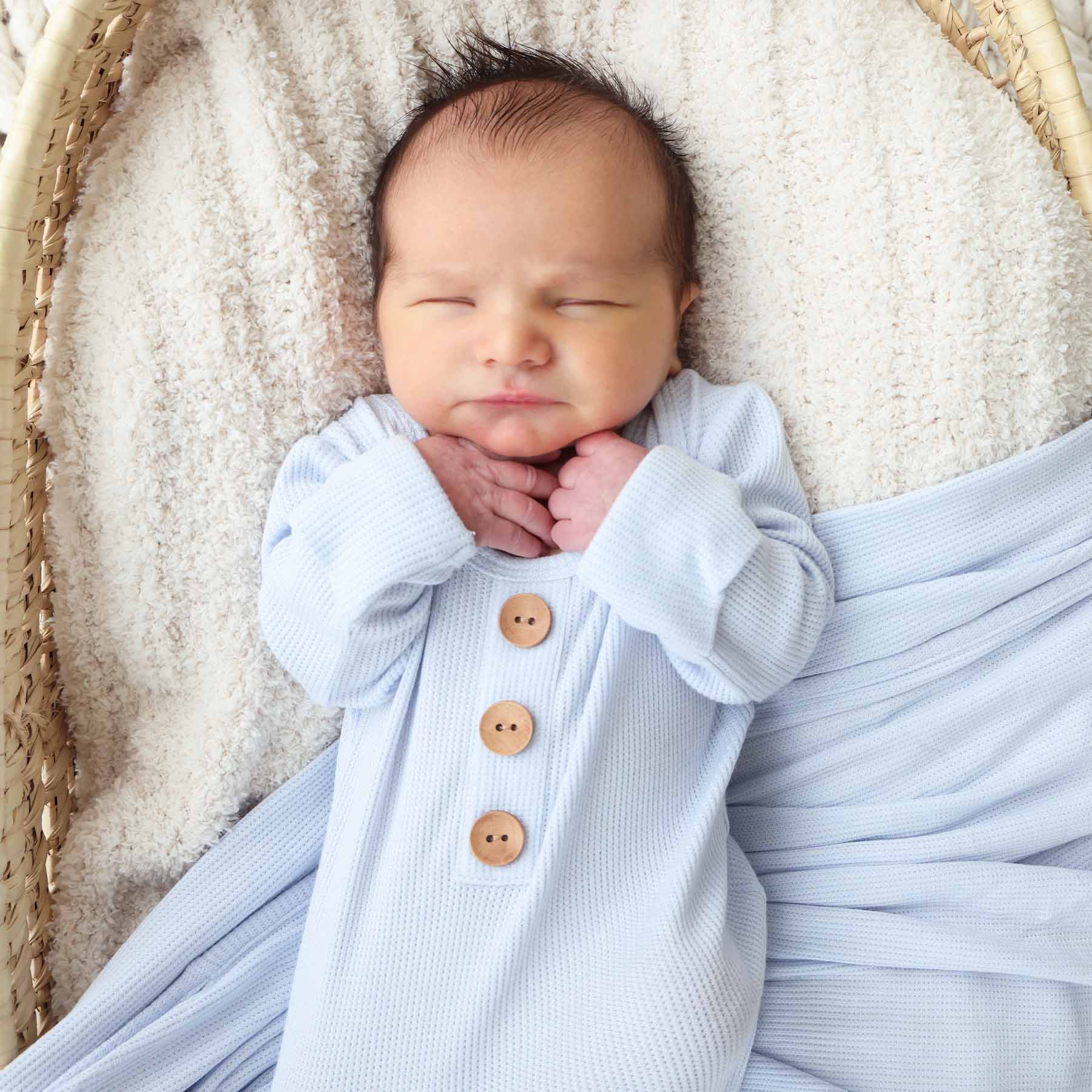 Ice Blue Bamboo Waffle Newborn Baby Knot Gown & Hat Set - Image 5