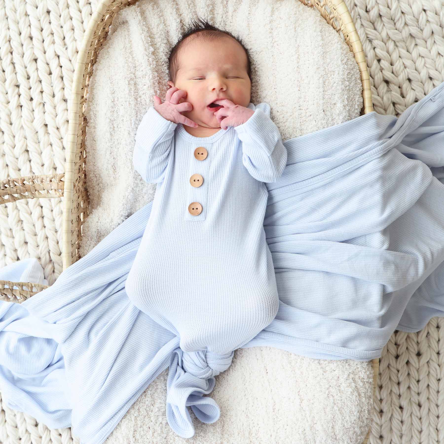 Ice Blue Bamboo Waffle Newborn Baby Knot Gown & Hat Set - Image 6