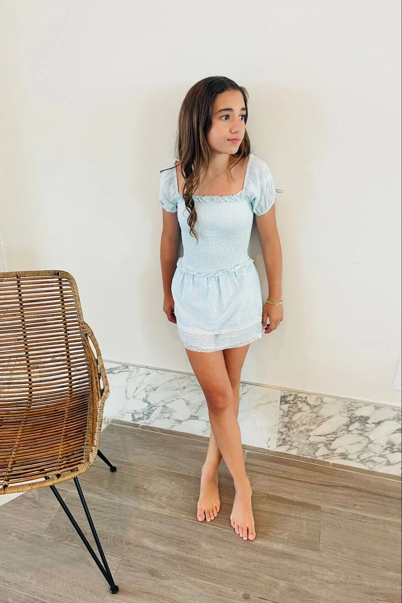Lexi Pastel Blue Heart Smocked Short Sleeve Ruffle Dress - Image 3
