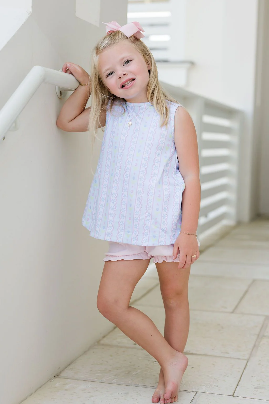 Lottie Blue Floral Scallop Back Bow Bloomer Set - Image 4
