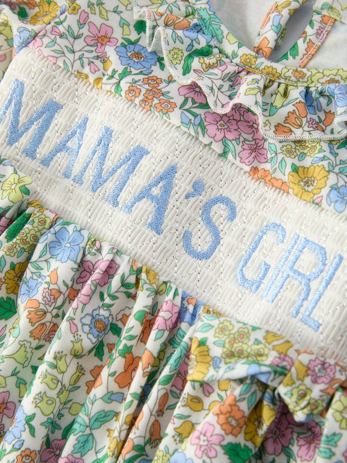 "MAMA'S GILR" Embroidered Smocked Girls' Romper: - Image 3