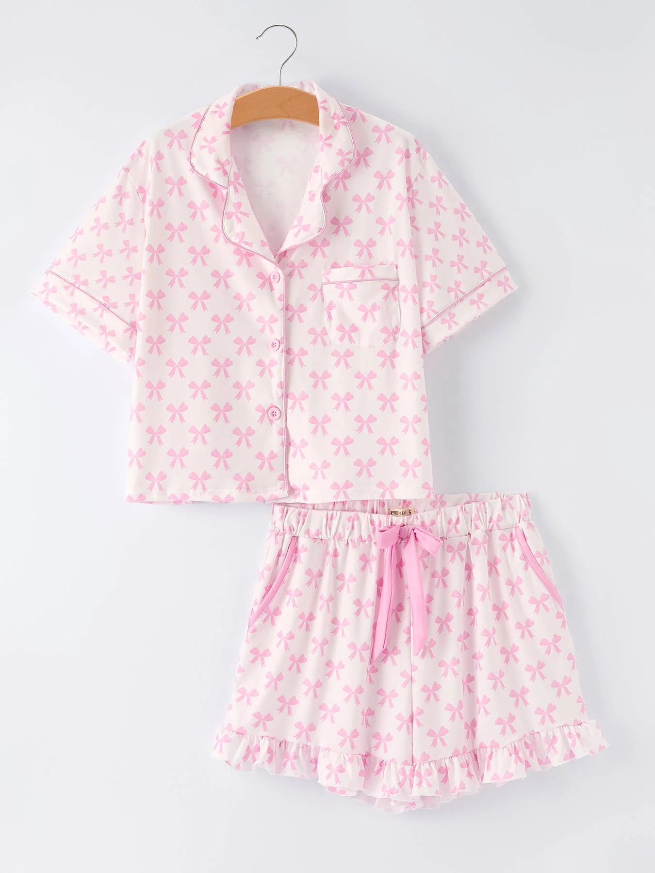 Pink Bow Print Ruffle Pajama Set - Image 6