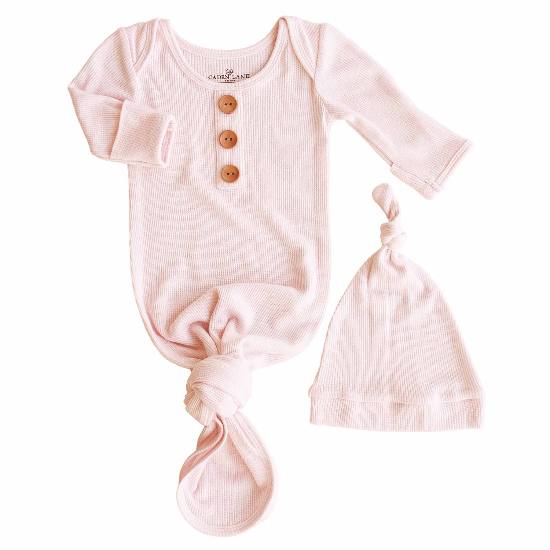Pearl Pink Bamboo Waffle Newborn Baby Knot Gown & Hat Set - Image 5