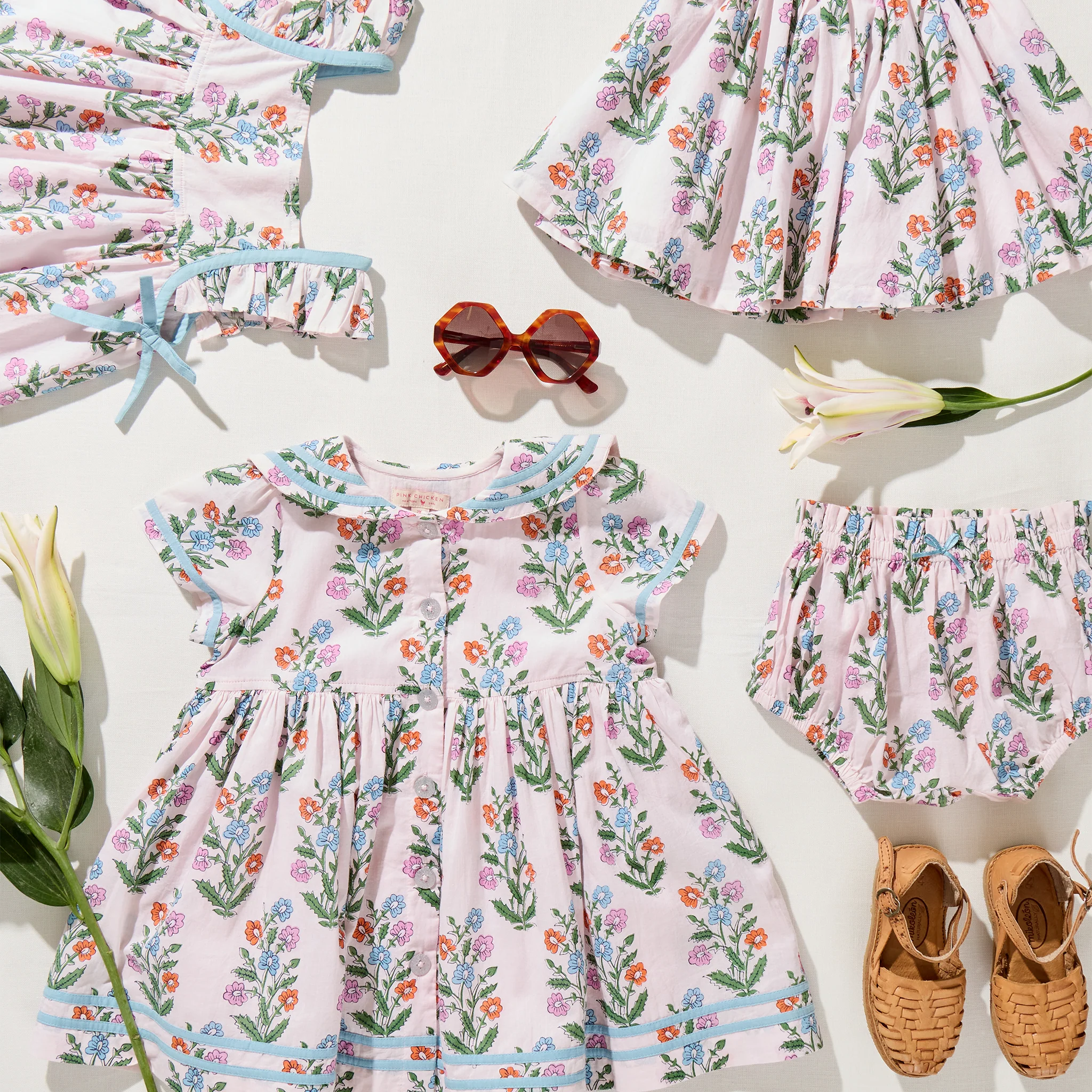 Pink Chicken - Baby Girls Ailee Dress Set -Pink Dewdrop Block Print Spring - Image 5