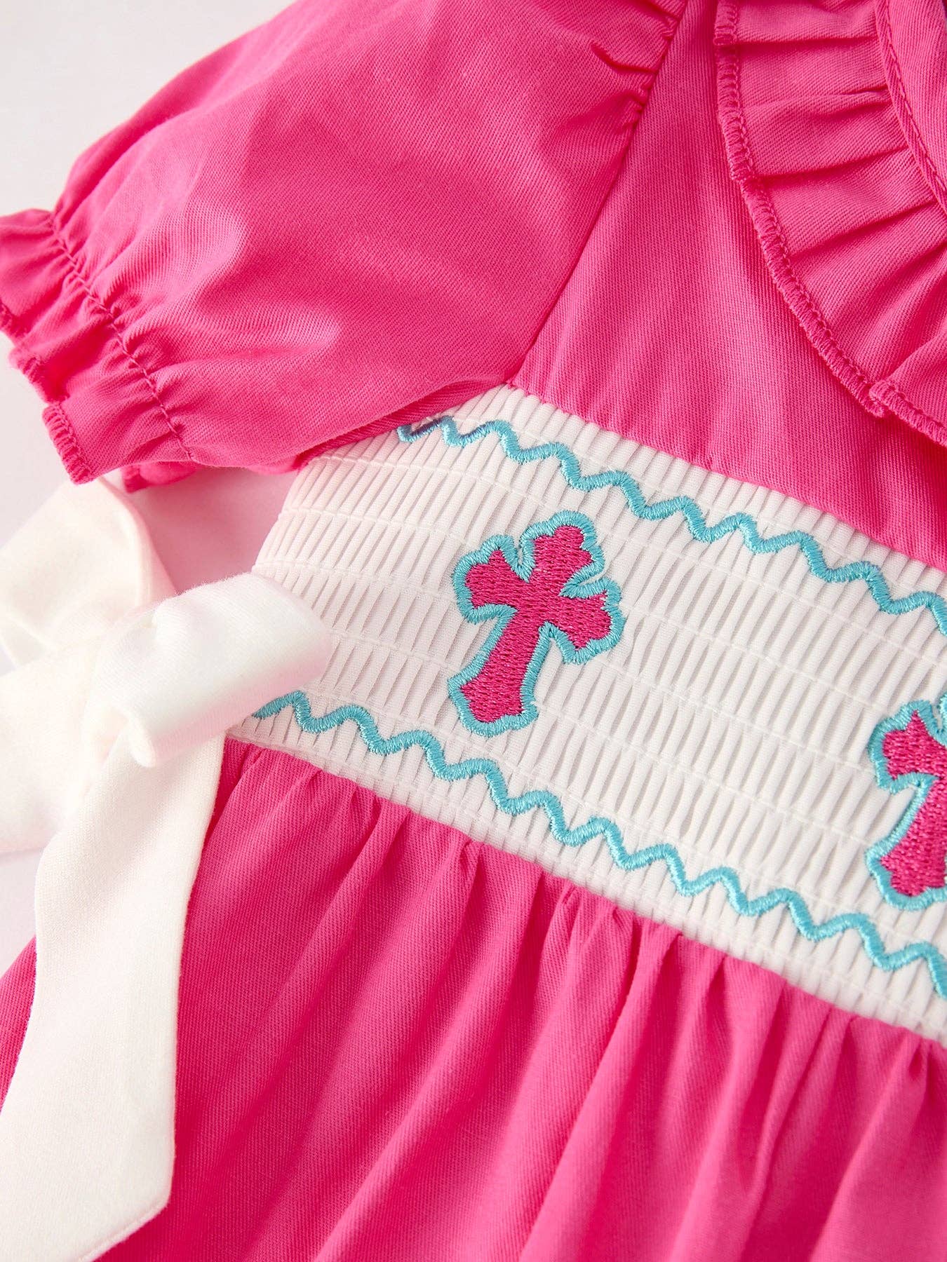 Rylee Faith Pink Smocked Church Christ Bishop Christening Bow Baby Girl Romper - Image 3
