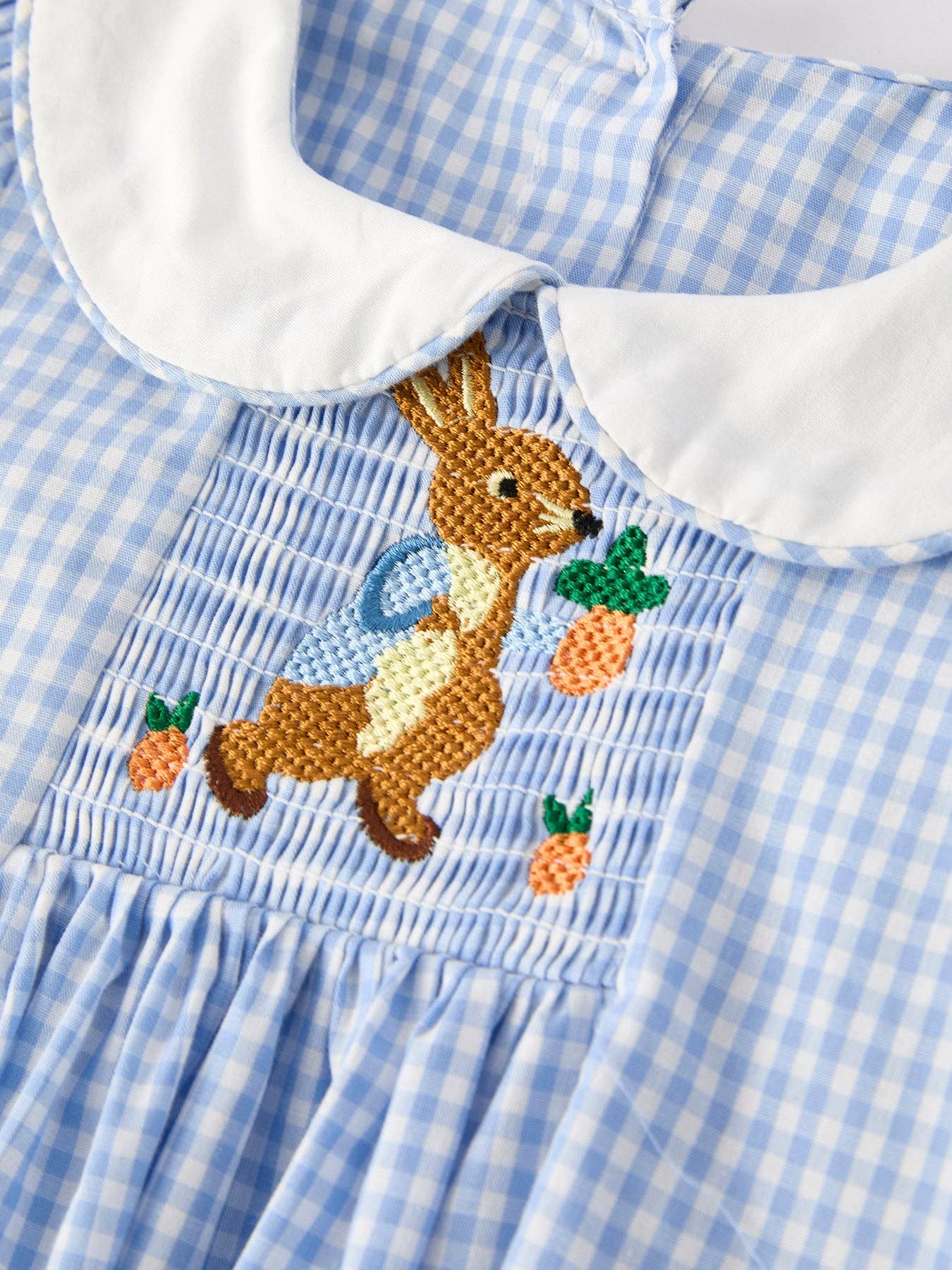 Rylee Faith Blue Rabbit Embroidery Plaid Baby Collar Dress - Image 3