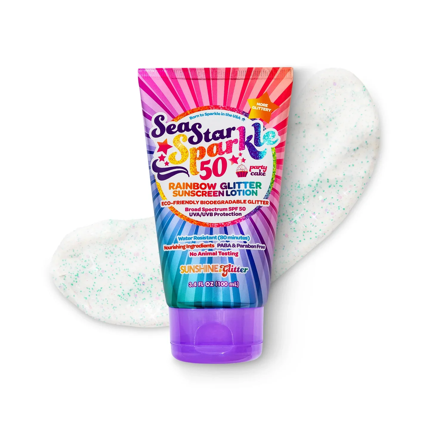 Sea Star Sparkle - Party Cake Scent - Glitter Sunscreen | Rainbow | SPF50 | 3.4 oz. - Image 3