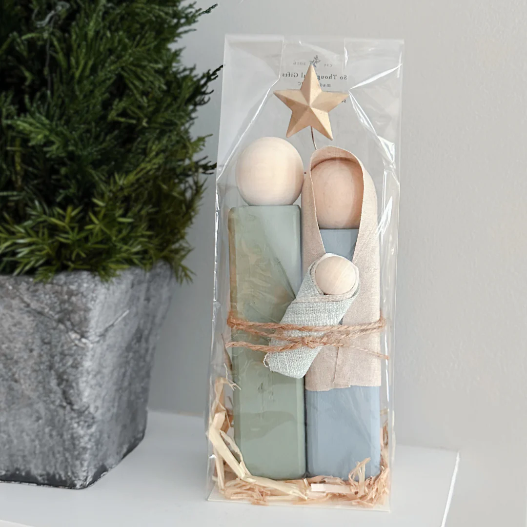 Simple Wooden Nativity Set | Hand-painted | Gift Wrapped: Gray & White - Image 10