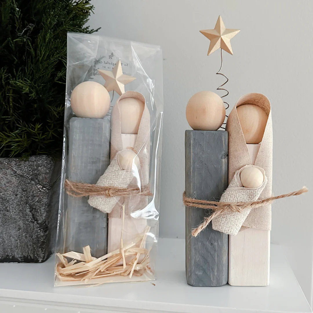 Simple Wooden Nativity Set | Hand-painted | Gift Wrapped: Gray & White - Image 3