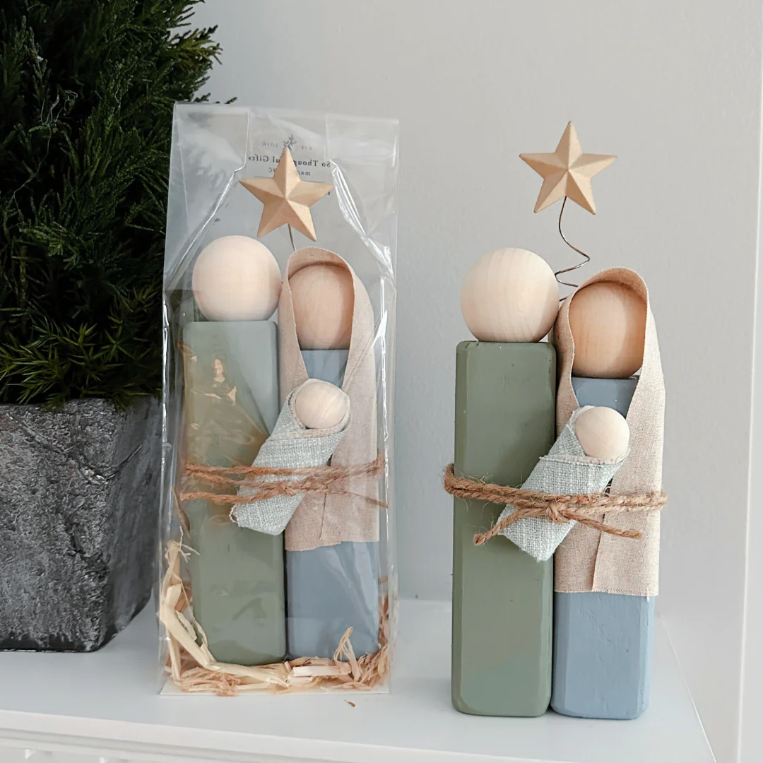 Simple Wooden Nativity Set | Hand-painted | Gift Wrapped: Gray & White - Image 4