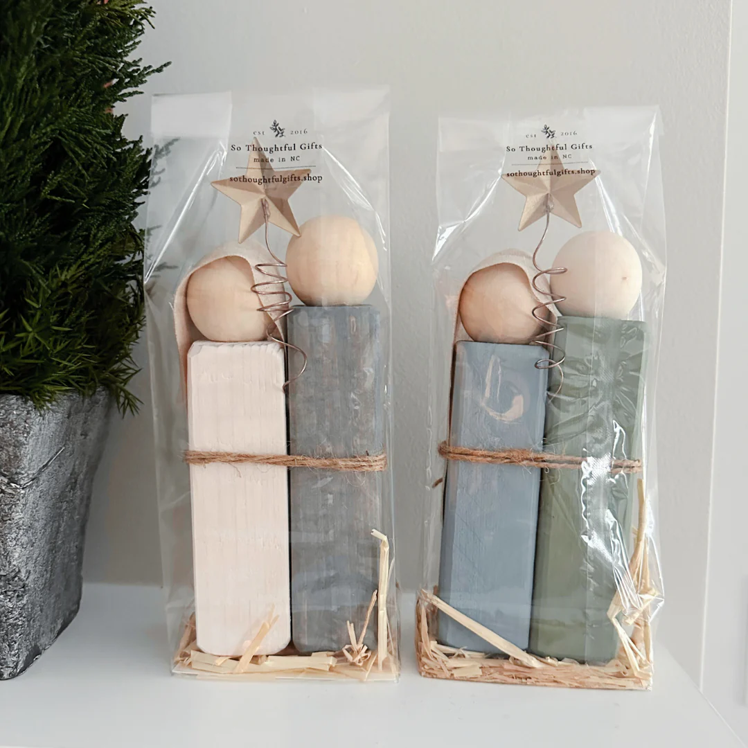 Simple Wooden Nativity Set | Hand-painted | Gift Wrapped: Gray & White - Image 5