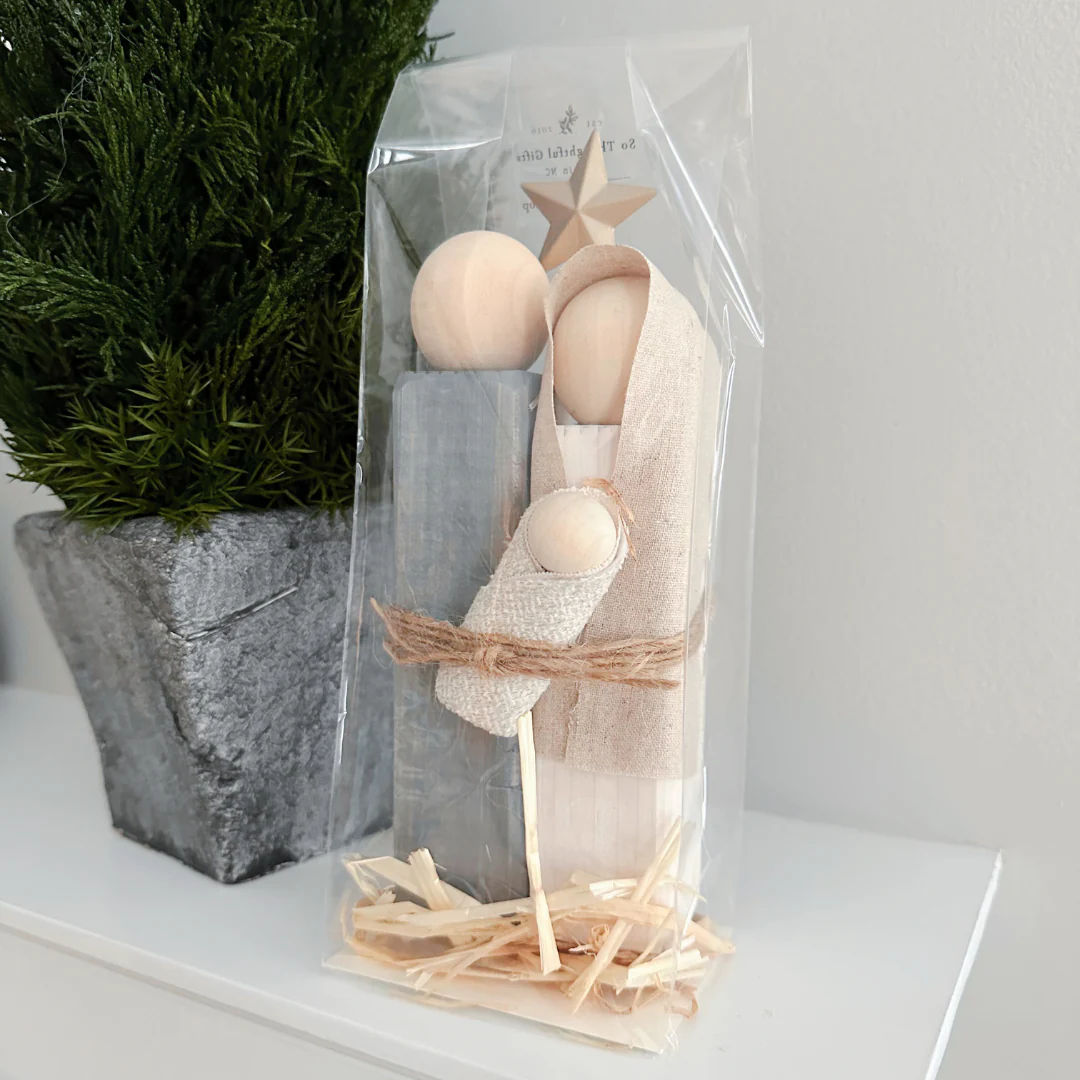 Simple Wooden Nativity Set | Hand-painted | Gift Wrapped: Gray & White - Image 6