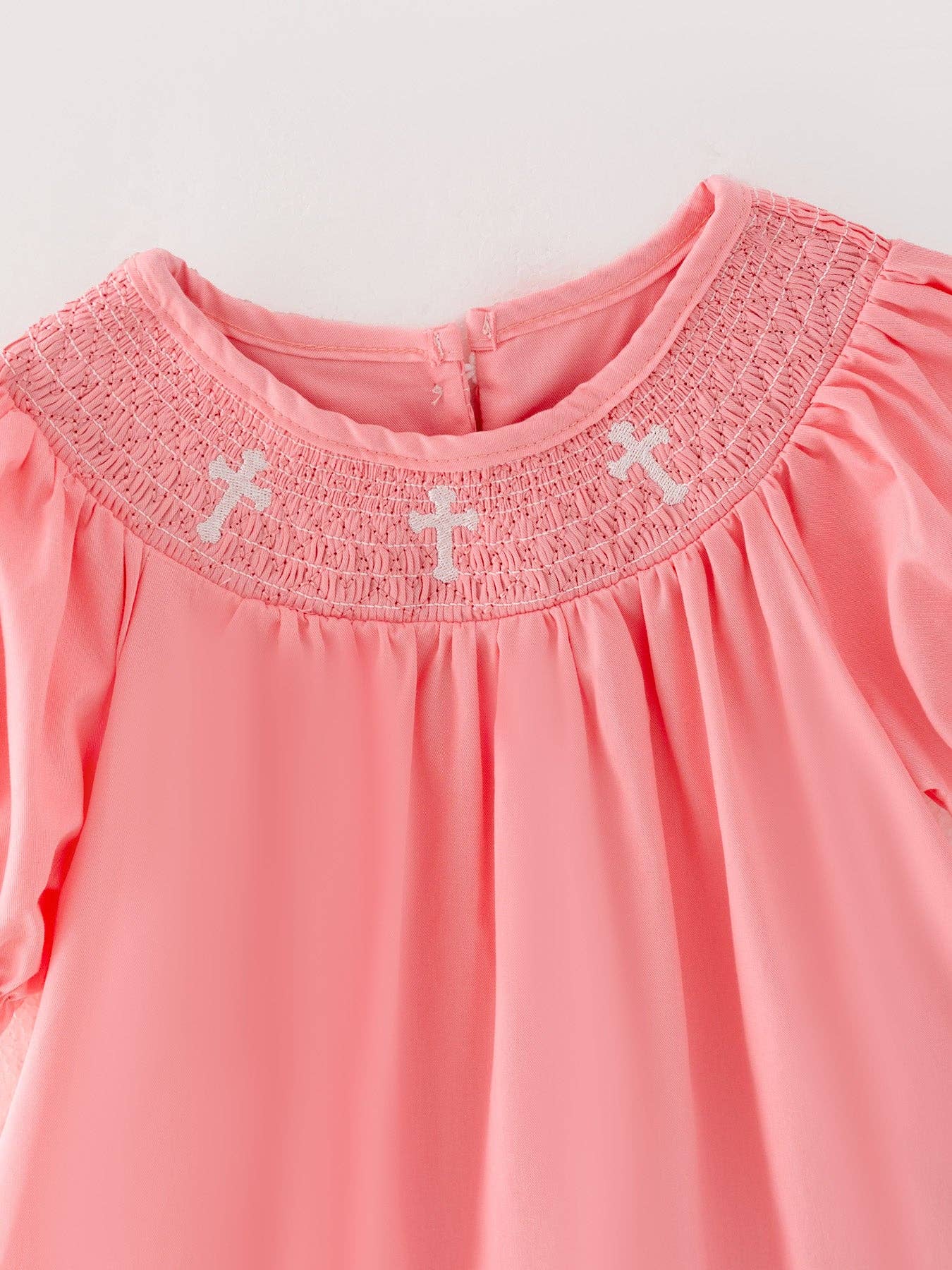 Rylee Faith Smocked Cross Bishop Dress Coral - Image 3