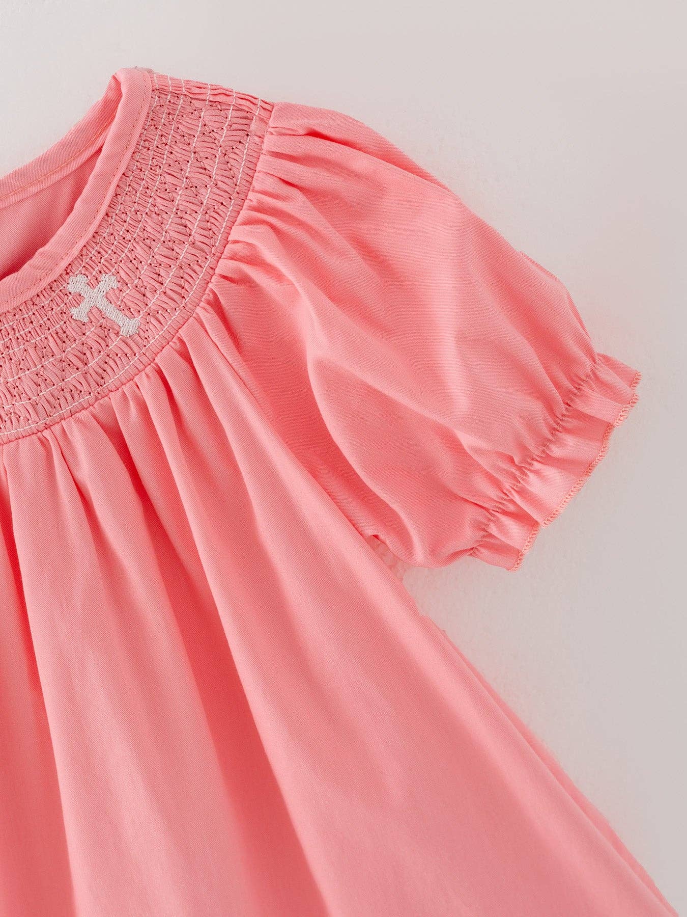 Rylee Faith Smocked Cross Bishop Dress Coral - Image 4
