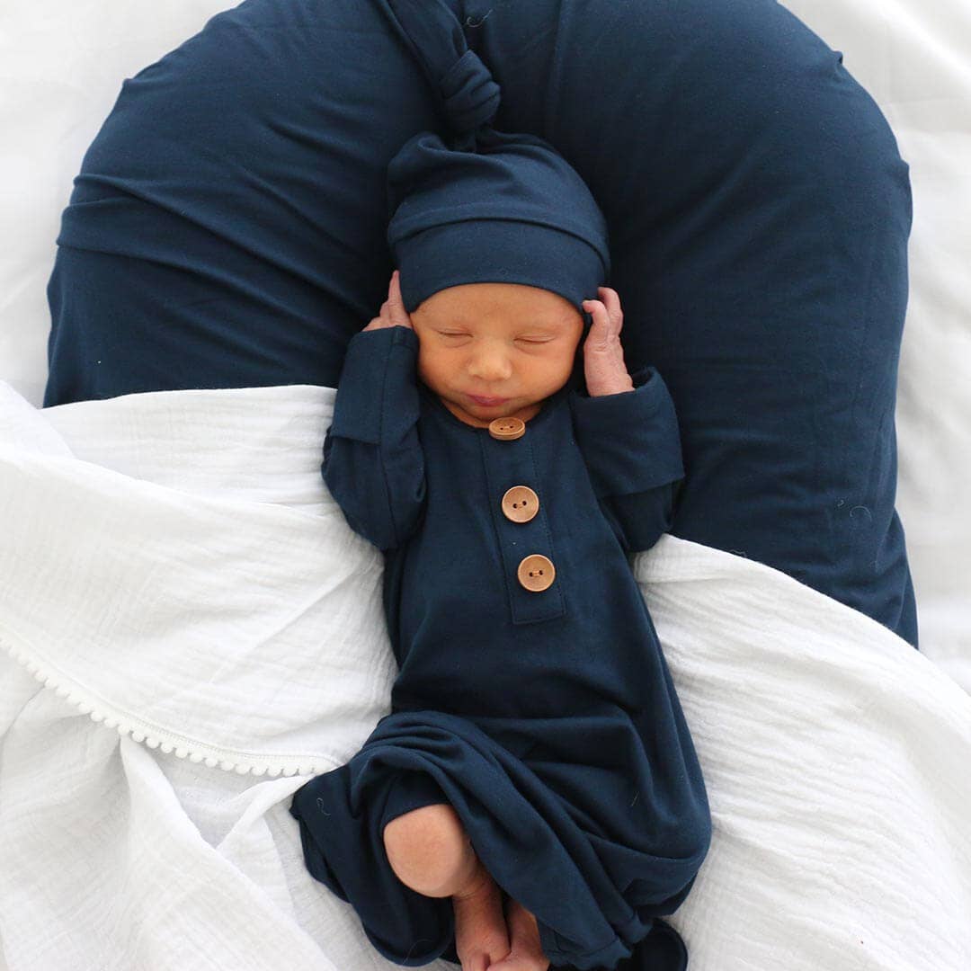 Solid Dark Navy Bamboo Baby Knot Gown & Hat: Newborn / 7-14lbs+ - Image 3