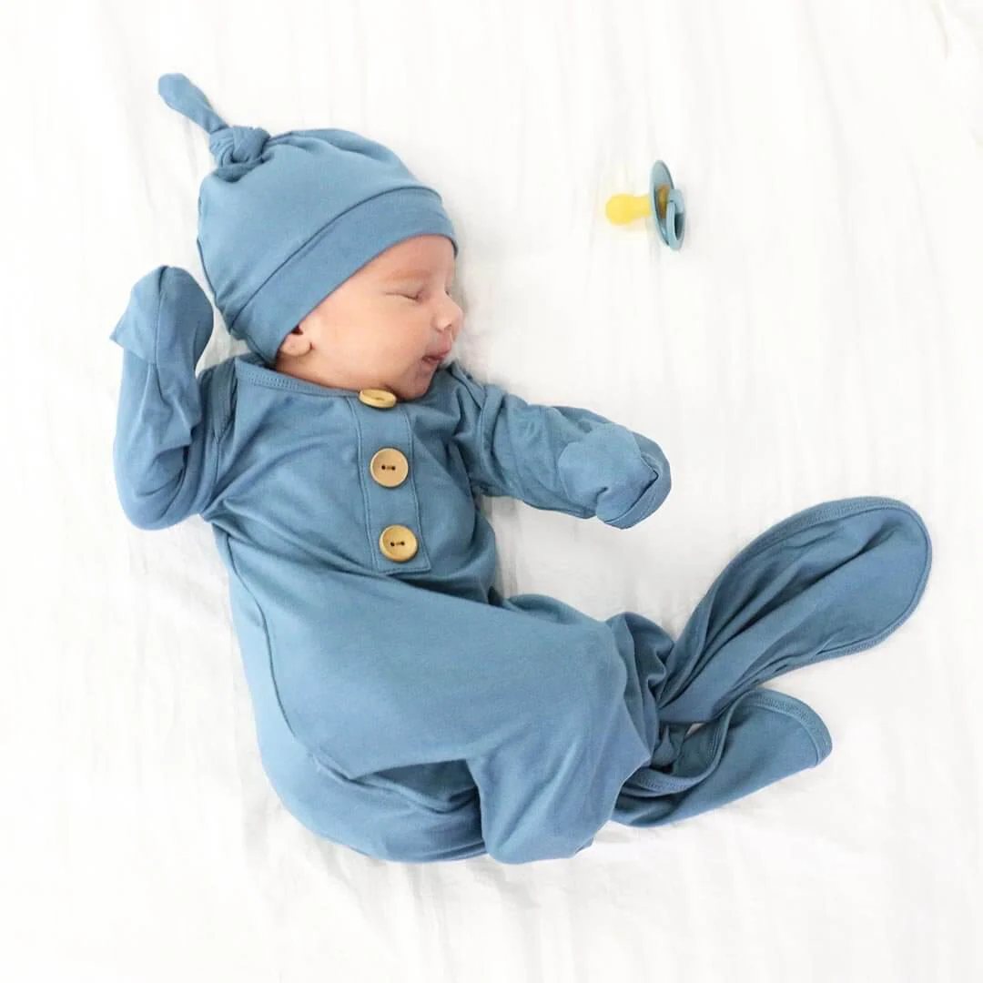 Solid Dusty Blue Bamboo Baby Knot Gown & Hat: Newborn / 7-14lbs+ - Image 6