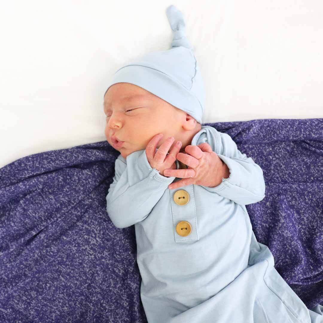 Solid Light Dusty Blue Bamboo Knot Gown & Hat: Newborn / 7-14lbs+ - Image 3