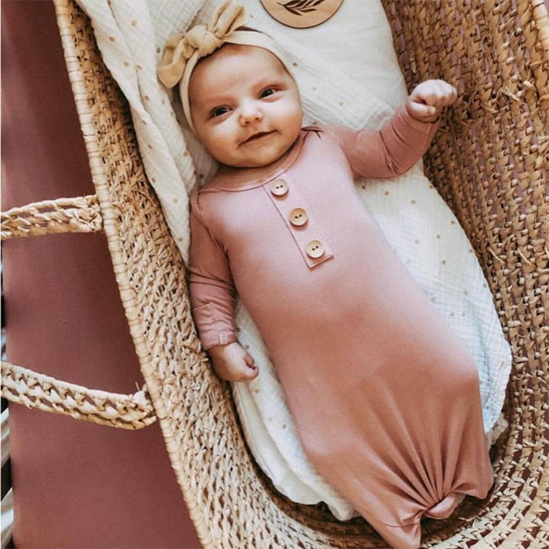 Solid Mauve Bamboo Baby Knot Gown & Hat: Preemie / 4-6lbs+ - Image 4