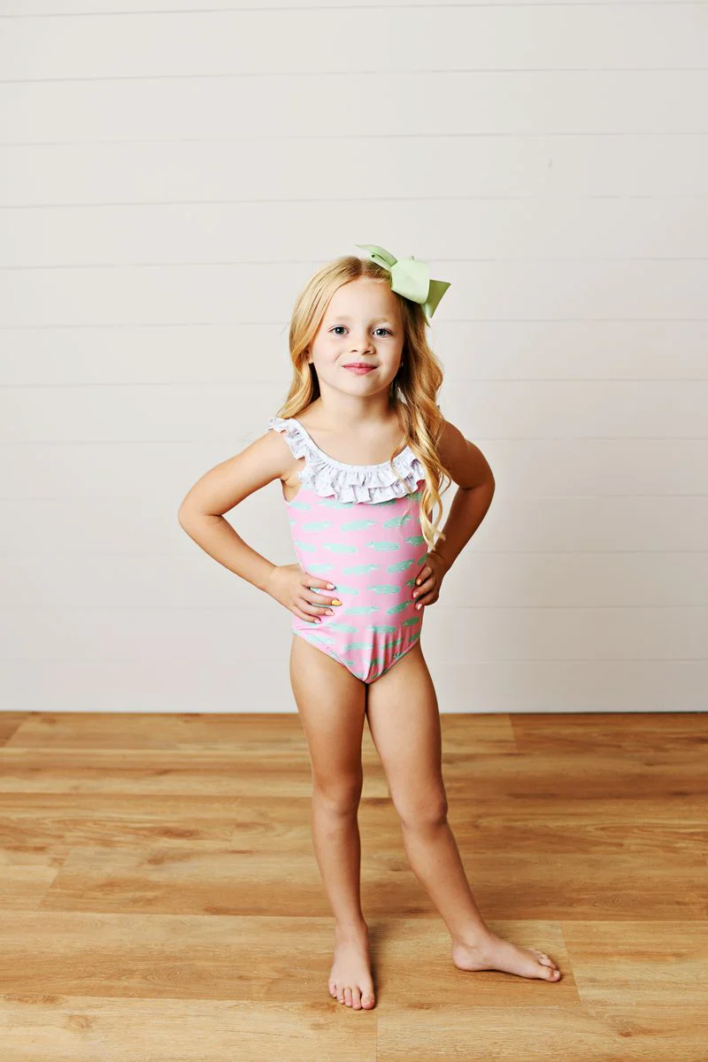 Swoon Pink Gator and polka Dot Ruffle Swimsuit - Image 2