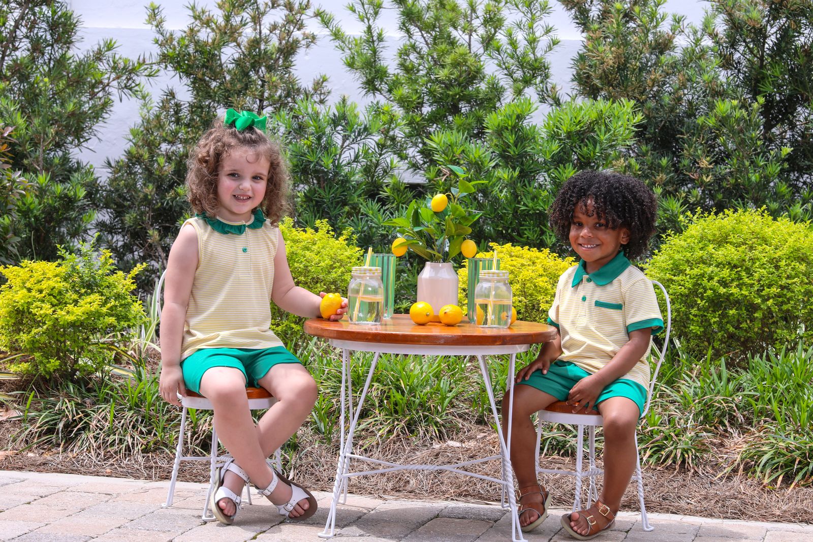 Trotter Street Kids Girls Nora Short Set- Yellow Stripe/Green - Image 3