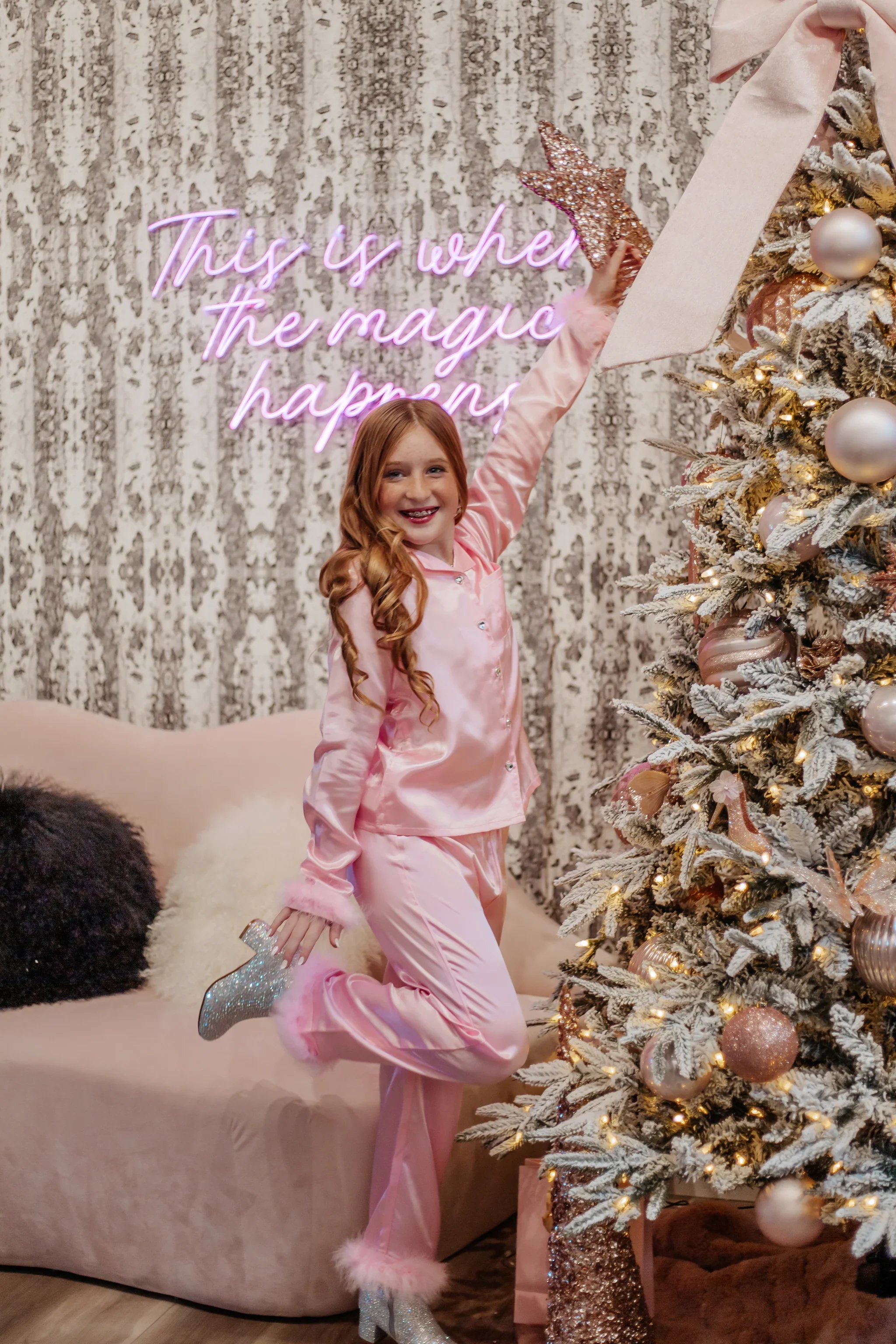 Tween Faux Fur Trim Satin Pajamas - Image 3
